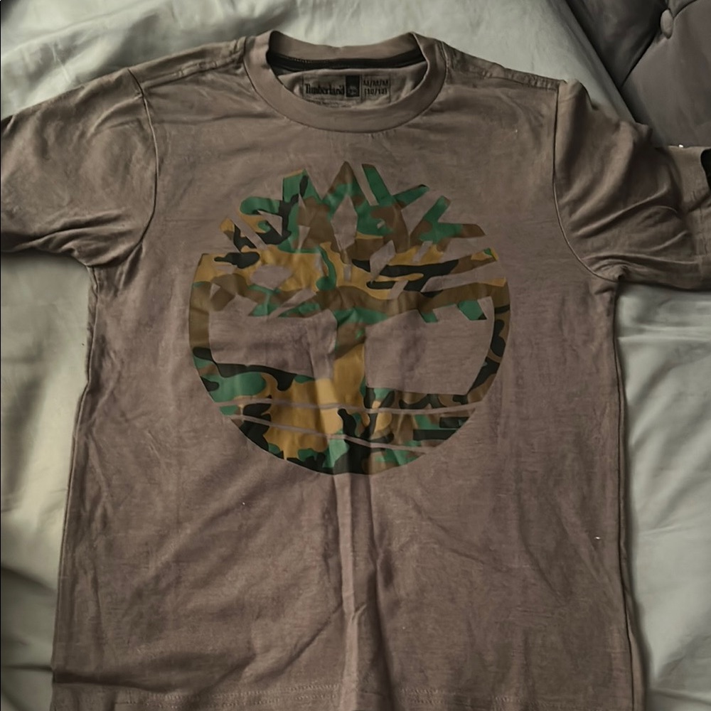 Timberland Brown and Green Short Sleeve Tee with Tree Design